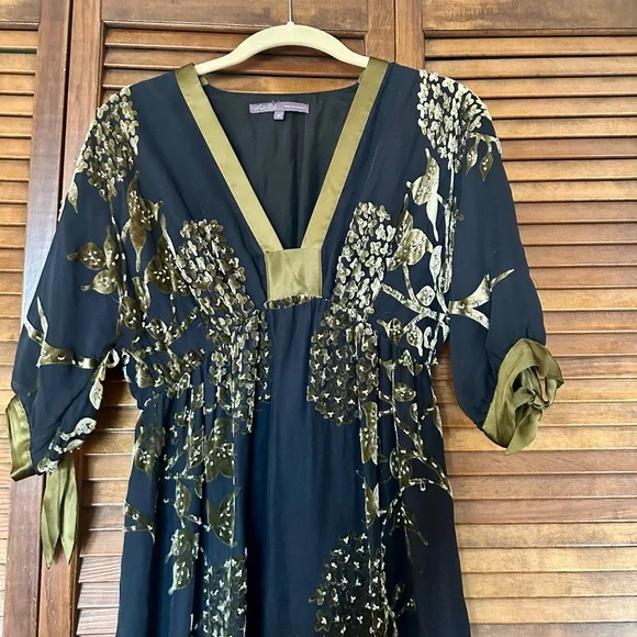 Hale Bob silk velvet burnout beaded babydoll top in black and olive green size M - Picture 7 of 11